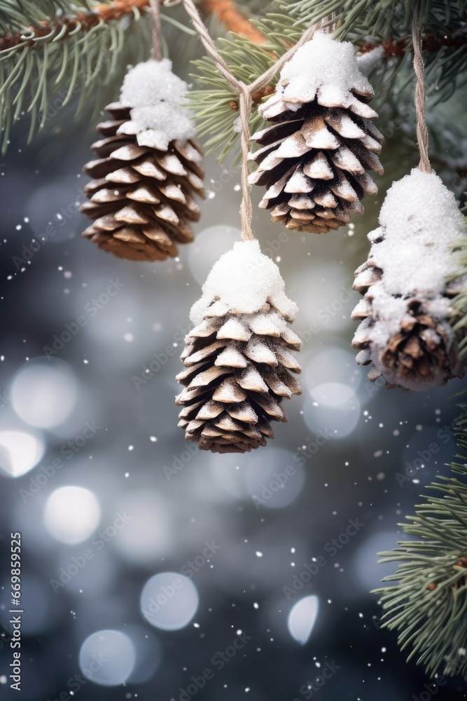 Poster three pine cones hanging from a branch in the snow. perfect for winter-themed designs and nature-ins