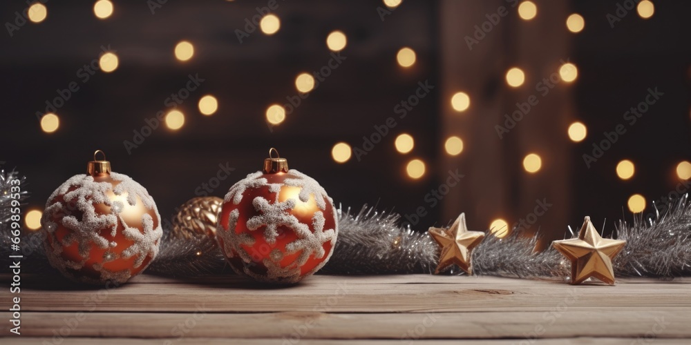 Poster Three Christmas ornaments are displayed on a table with twinkling lights in the background. This festive image can be used to add a touch of holiday cheer to any project