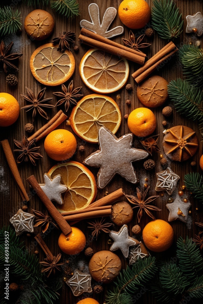 Poster a rustic wooden table adorned with fresh oranges and aromatic spices. this picture can be used to ad
