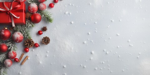 A red gift box sits delicately on top of a pristine, snow-covered ground. This image can be used to convey the joy and excitement of gift-giving during the winter season.