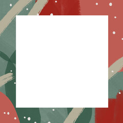 Christmas abstract modern art frame with space for text. Frame for xmas design. New Year background. Traditional green and red colors. Shapes and spots, paint splatters and texture brushes.