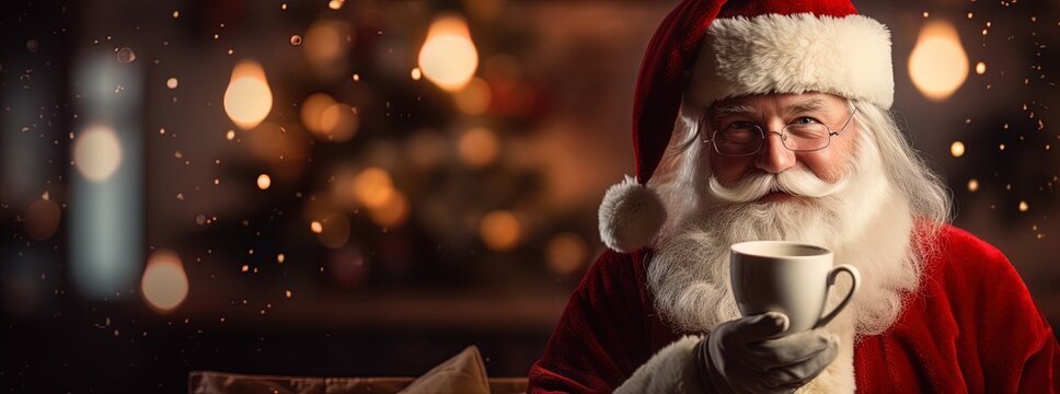 Catch Santa Claus enjoying a hot cup of coffee in a bokeh panorama. With a strong facial expression, this night photography shot on Cinestill 50D film features a captivating moment on a shaped canvas.