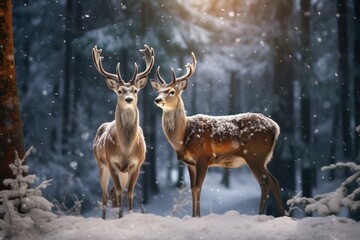 Naklejka na ściany i meble A picture of a couple of deer standing next to each other in the snow. This image can be used to represent love, partnership, or the beauty of nature in winter