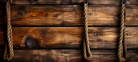 ship rope at wooden background, plank board texture Beautiful brown wood texture with heavy ropes, image can be used as a background for your design .AI Generative - obrazy, fototapety, plakaty