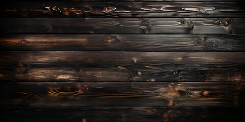 A dark wood wall with a light shining on it Painted wooden board for design or text  Texture of black and dark brown old wood. Charred and burnt old Board with knots. AI Generative