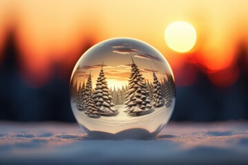Fototapeta na wymiar A snow globe sits on top of a snow covered ground. This image can be used to depict winter, holiday decorations, or seasonal themes