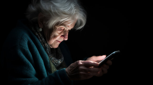 Old Lady With The Glasses Looking At Her Mobile Phone With Dark Background