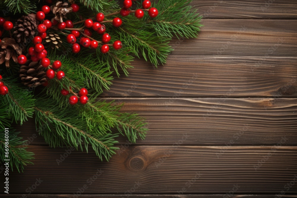 Aufkleber A close-up image of a pine branch with vibrant red berries and pine cones arranged on a rustic wooden table. Perfect for holiday decorations and winter-themed projects