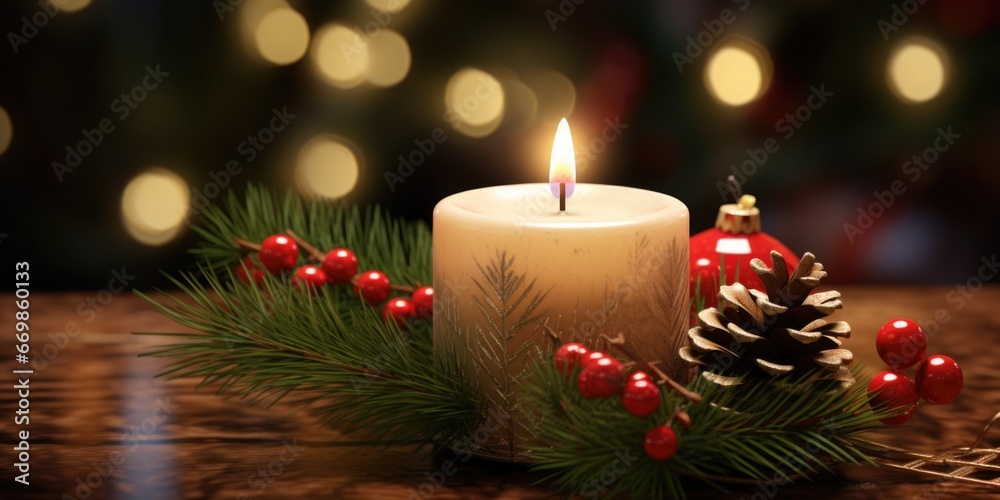 Poster A lit candle sitting on top of a wooden table. Perfect for creating a cozy atmosphere or adding a touch of warmth to any space