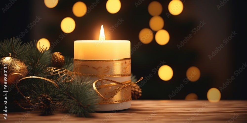 Poster A simple yet cozy image of a lit candle sitting on top of a wooden table. This picture can be used to create a warm and inviting atmosphere in various settings