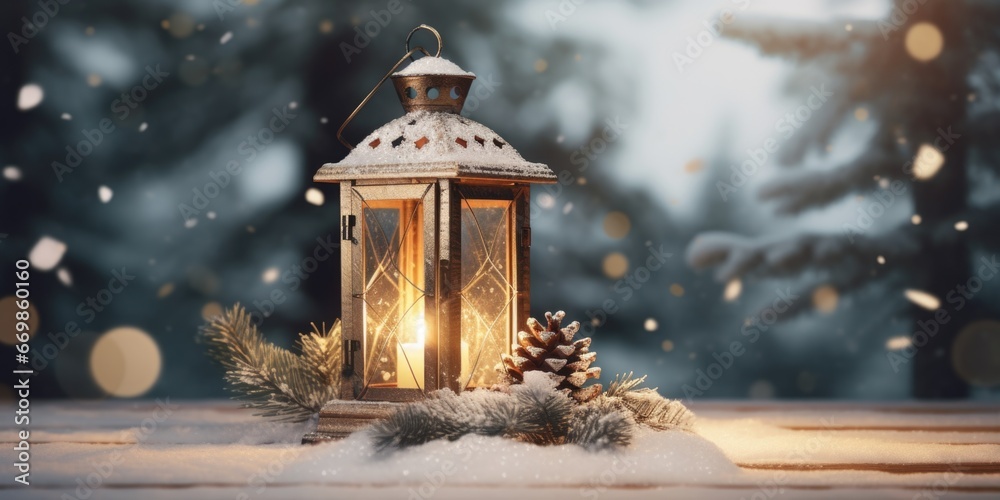 Poster a lantern with a lit candle sitting on top of a snow covered ground. this image can be used to creat