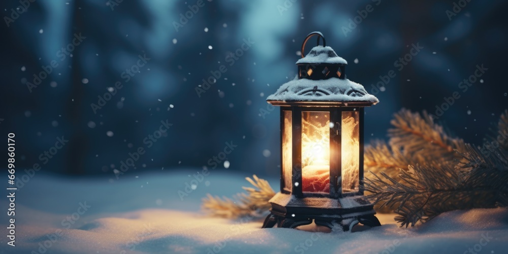 Aufkleber a lit lantern in the snow with a pine tree in the background. this picture can be used to depict win