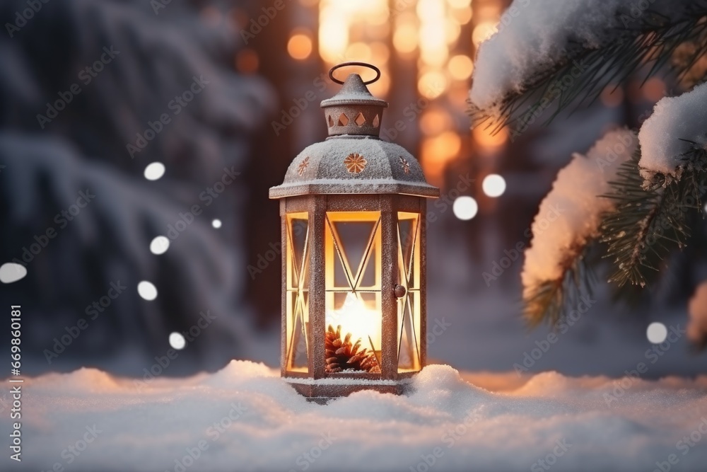 Aufkleber a lantern sits in the snow in front of a tree. this image can be used to depict winter, holidays, or