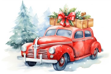 A vibrant watercolor painting of a red car with presents stacked on top. Perfect for Christmas and holiday-themed designs