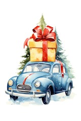 A blue car with a Christmas tree on top. Perfect for holiday-themed designs and advertisements