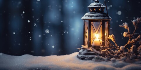 A lantern is lit in the snow on a snowy night. This image can be used to create a cozy winter...