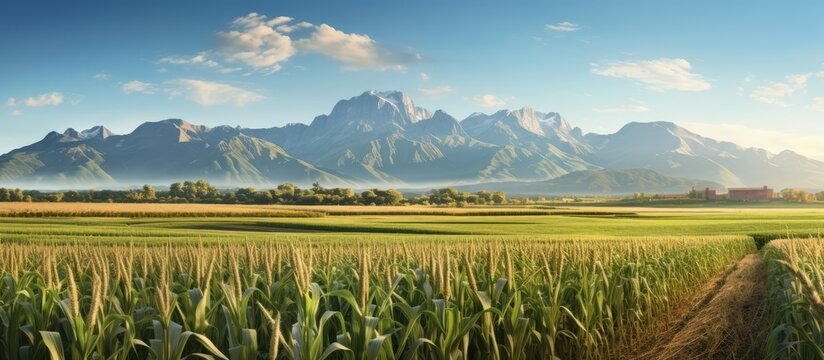 European autumn landscape photography ripe corn field with rolling mountains in the background