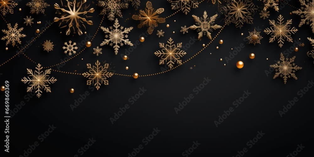 Poster A stunning black background adorned with elegant gold snowflakes and delicate pearls. Perfect for adding a touch of glamour and sophistication to any project or design