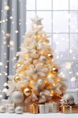 A festive white Christmas tree adorned with beautiful gold ornaments and surrounded by presents. Perfect for holiday-themed designs and decorations