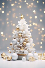 A beautiful white Christmas tree adorned with gold and white ornaments. Perfect for adding a touch of elegance to your holiday decorations