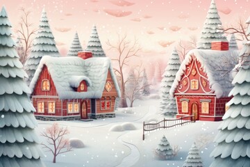 Fototapeta na wymiar A serene winter landscape with a house and trees covered in snow. Perfect for winter-themed designs and holiday greeting cards
