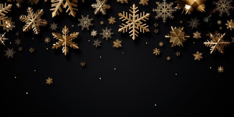 A collection of gold snowflakes on a black background. Perfect for winter-themed designs and holiday decorations