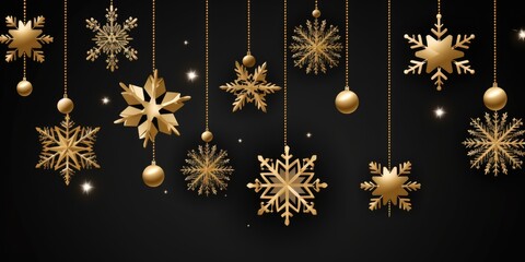 A beautiful collection of gold snowflakes hanging delicately from strings. Perfect for adding a touch of elegance and sparkle to any winter-themed project or holiday decoration