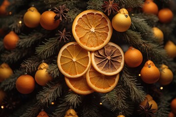 A festive Christmas tree adorned with fresh oranges and aromatic star anise. Perfect for adding a touch of natural beauty to holiday decorations