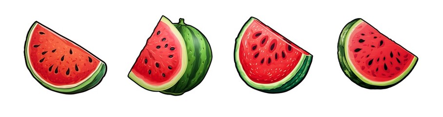 Four Cartoon Watermelon Segments Placed in a Row, Displaying Vibrant Red Flesh and Black Seeds.