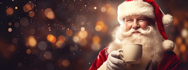 Catch Santa Claus enjoying a hot cup of coffee in a bokeh panorama. With a strong facial...