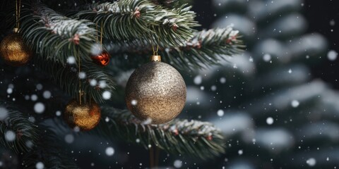 Obraz premium A detailed view of a Christmas ornament hanging on a tree. This image can be used to enhance holiday-themed designs or to create a festive atmosphere