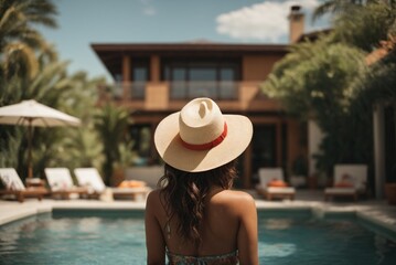 Naklejka premium Back view of young woman in hat standing in swimming pool at resort