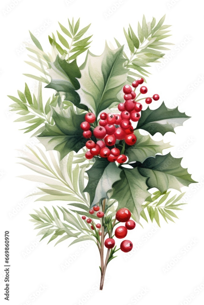 Poster a branch of holly with vibrant red berries and lush green leaves. perfect for holiday decorations or