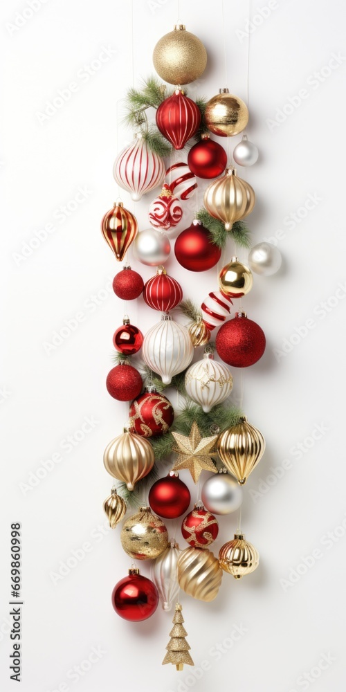 Poster a festive christmas tree adorned with various ornaments. this image can be used to celebrate the hol