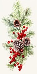 A painting depicting pine cones and berries on a branch. Suitable for nature-themed designs and holiday decorations