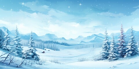 Fototapeta premium A painting depicting a serene snowy landscape with tall trees. This picture can be used to create a peaceful and wintery atmosphere in various projects