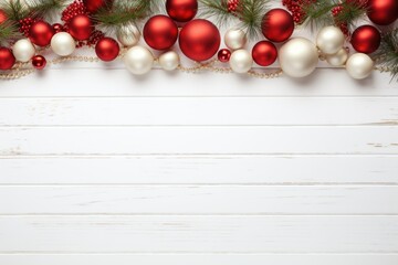 Fototapeta na wymiar A festive image featuring red and white Christmas decorations arranged on a white wood background. Perfect for holiday-themed projects and designs