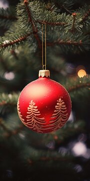 A red ornament hanging from a Christmas tree. This image can be used to depict holiday decorations and festive celebrations