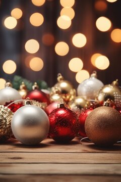 A table adorned with a variety of Christmas ornaments. This festive image can be used to showcase holiday decorations or as a background for Christmas-themed designs