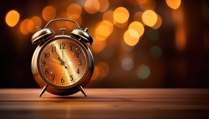 Clock on background blurred lights, christmas and new year concept - obrazy, fototapety, plakaty