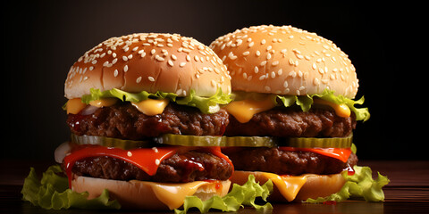 A delicious two meat burger with yellow cheese accompanied on the rocks cheese thick beef burger Two cutlet burger filled with beef and cheese on a dark background. AI Generative