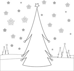 Christmas tree in the snow. Vector black and white coloring page.