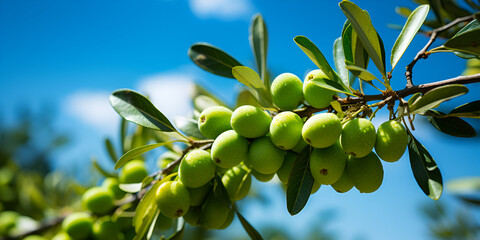 In the garden a branch of an olive tree is covered in green olives selective attention banner with Green olive tree and sky background Olive tree with fruits natural agricultural food.AI Generative