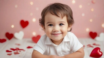 Fototapeta na wymiar Cute smiling little toddler boy against valentine's day ambience background with space for text, children background image, AI generated