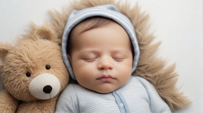 Cute sleeping baby boy against white background with space for text, children background image, AI generated