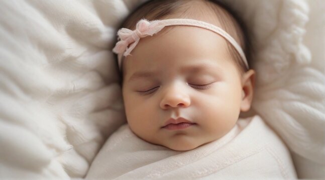 Cute sleeping baby girl against white background with space for text, children background image, AI generated