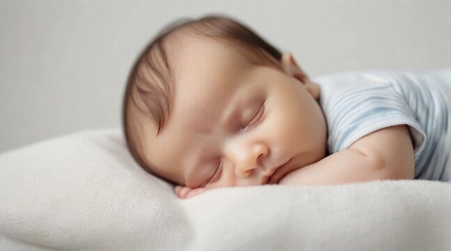 Cute sleeping baby boy against white background with space for text, children background image, AI generated