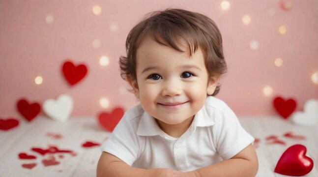 Cute smiling little toddler boy against valentine's day ambience background with space for text, children background image, AI generated