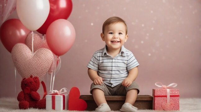 Cute smiling little toddler boy against valentine's day ambience background with space for text, children background image, AI generated