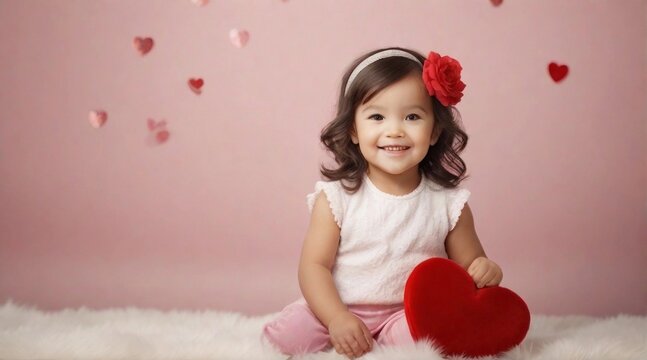 Cute smiling little toddler girl against valentine's day ambience background with space for text, children background image, AI generated